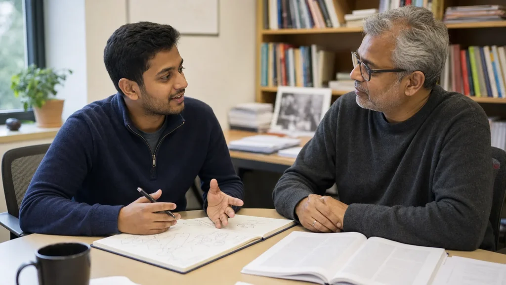 Realistic editorial photograph of a postgraduate student discussing a thesis idea with a potential academic supervisor