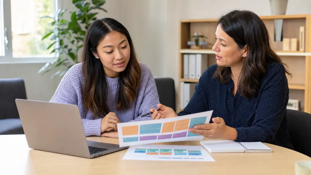 Realistic editorial photograph of an international student comparing elective modules and a weekly timetable with an academic adviser