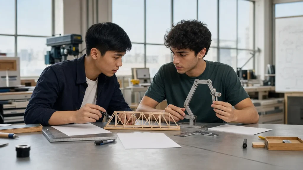Realistic editorial photograph of students comparing civil and mechanical engineering models