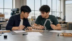 Realistic editorial photograph of students comparing civil and mechanical engineering models