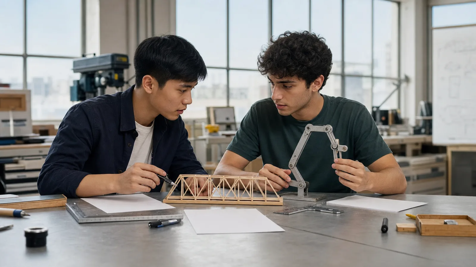 Realistic editorial photograph of students comparing civil and mechanical engineering models