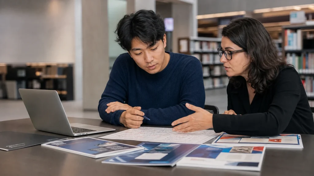 Realistic editorial image of a student comparing several university options with a balanced evidence table