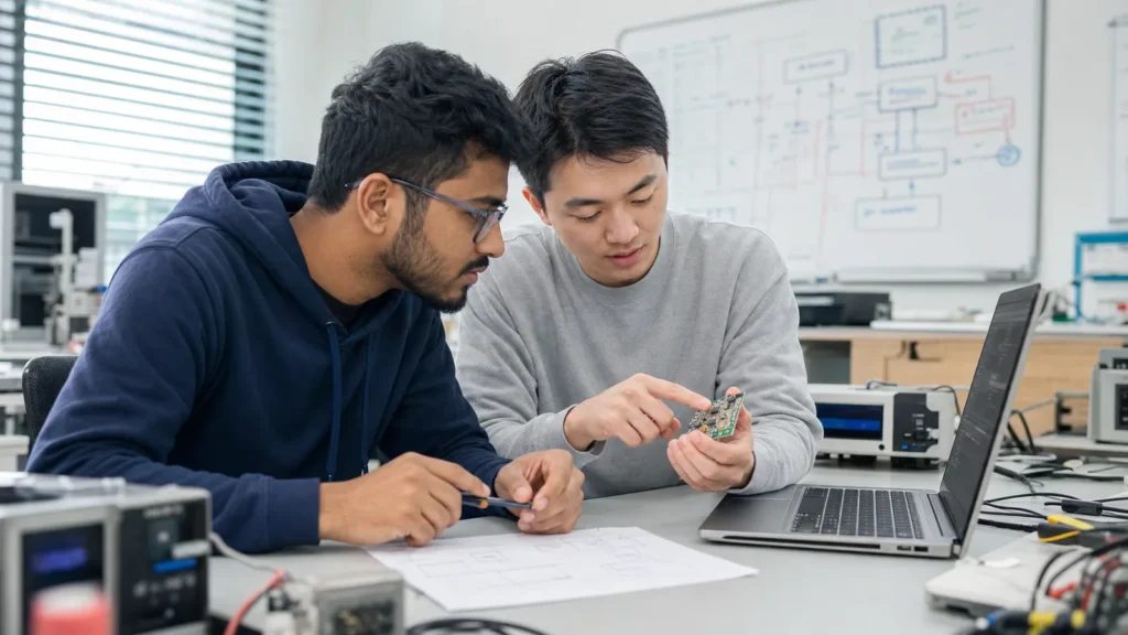 Realistic editorial photograph of students comparing computer engineering hardware and computer science software work