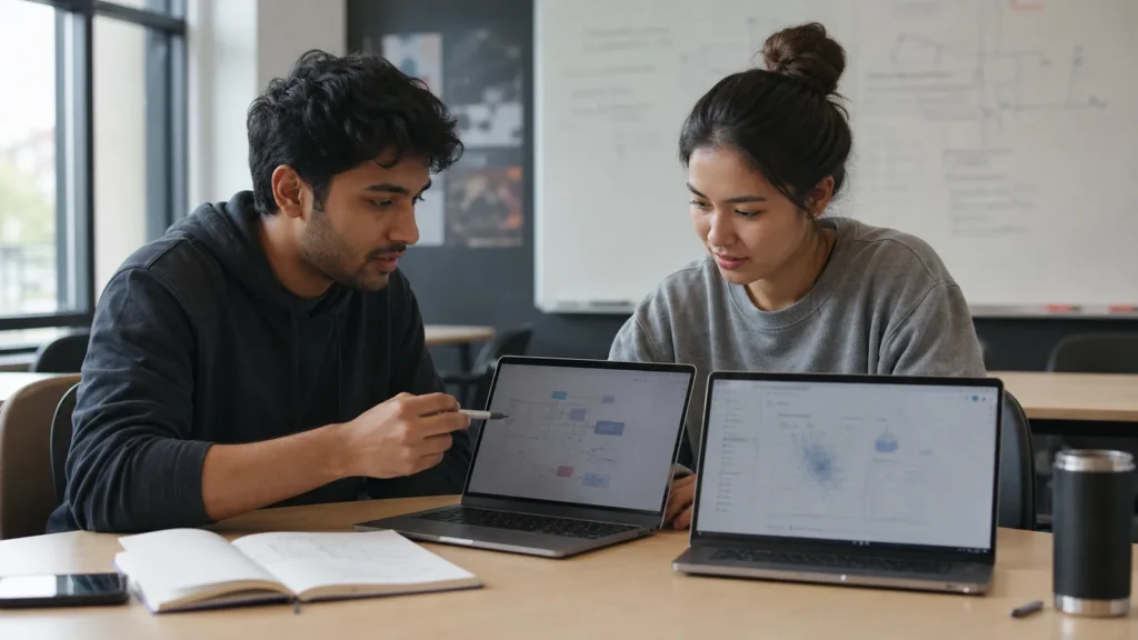 Realistic editorial photograph of students comparing computer science and artificial intelligence study routes