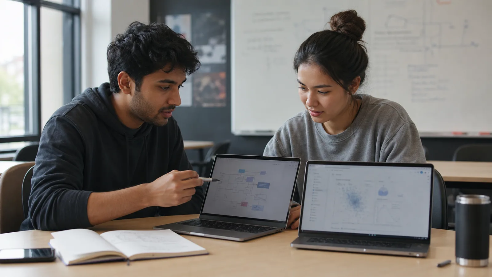 Realistic editorial photograph of students comparing computer science and artificial intelligence study routes
