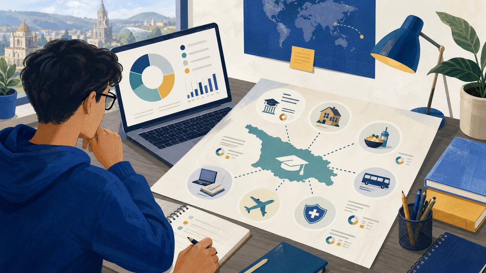 Editorial illustration of an international student building a complete study budget across tuition, housing, travel and daily costs