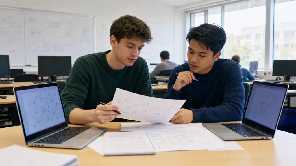Realistic editorial photograph of students comparing cybersecurity and computer science degree projects
