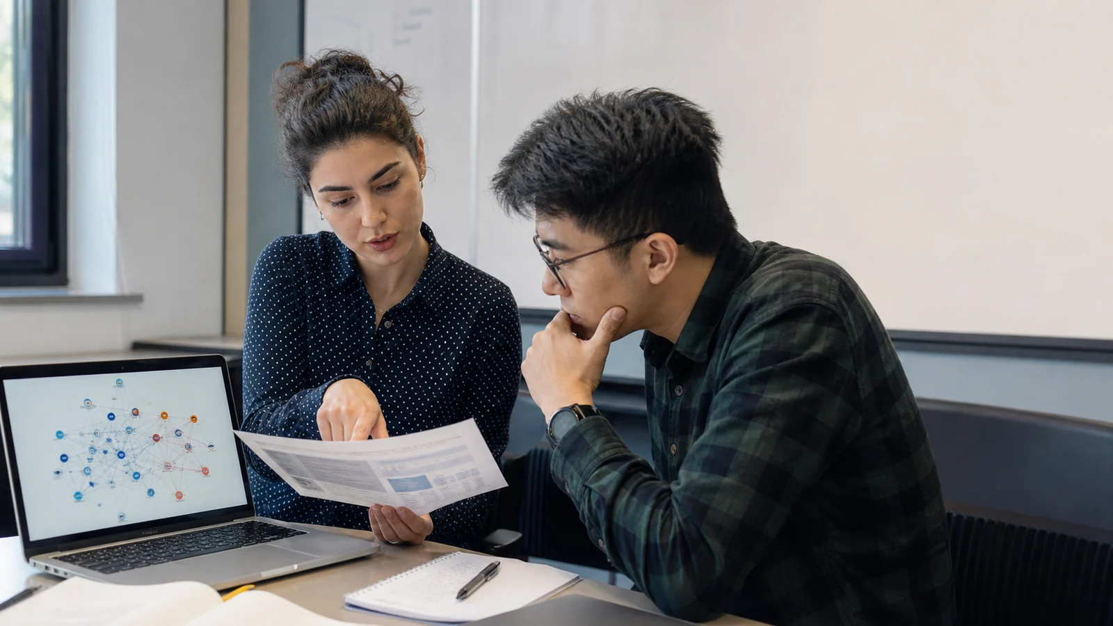 Realistic editorial photograph of postgraduate students comparing cybersecurity and security studies