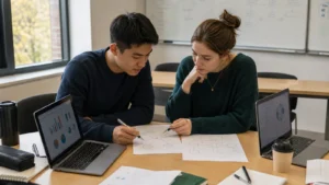 Realistic editorial photograph of students comparing data science and business analytics work