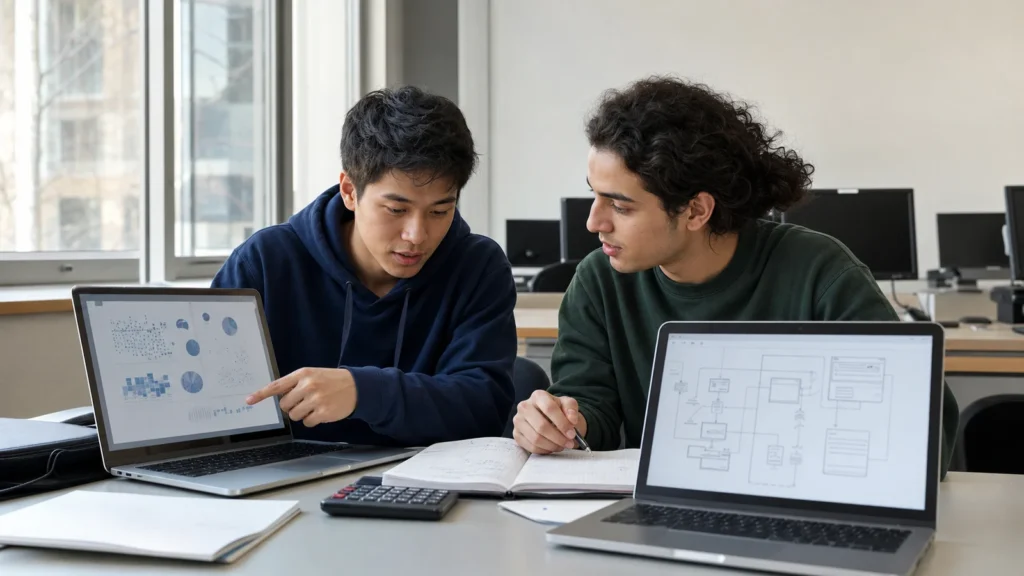 Realistic editorial photograph of international students comparing data science and computer science study routes