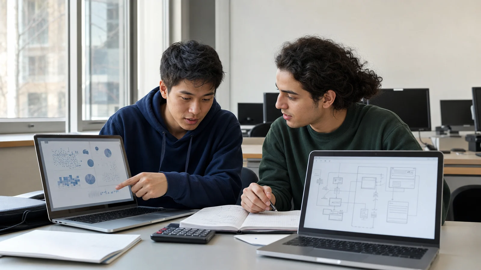 Realistic editorial photograph of international students comparing data science and computer science study routes