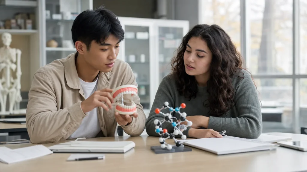 Realistic editorial photograph of international students comparing dentistry and pharmacy study routes