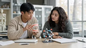 Realistic editorial photograph of international students comparing dentistry and pharmacy study routes