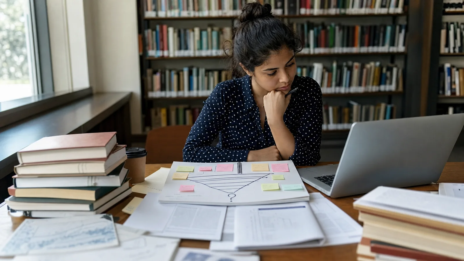 Realistic editorial photograph of an international student narrowing a research topic with notes and library sources