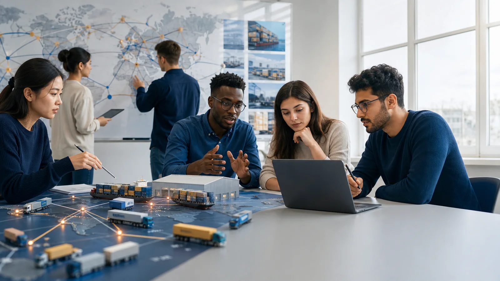 Editorial illustration of international logistics students analysing a digital supply chain and transport network