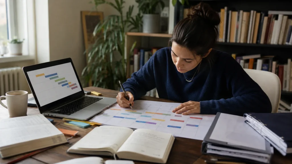 Realistic editorial photograph of a postgraduate student planning dissertation milestones on a calendar and project board