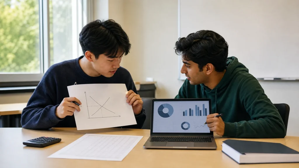 Realistic editorial photograph of students comparing economics and business analytics