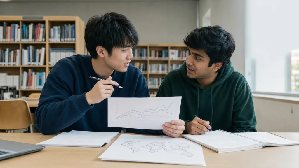 Realistic editorial photograph of international students comparing economics and international relations study routes