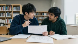 Realistic editorial photograph of international students comparing economics and international relations study routes