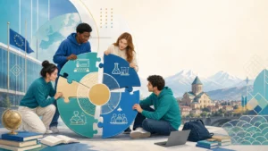 Editorial illustration of international students assembling course modules into an ECTS study plan