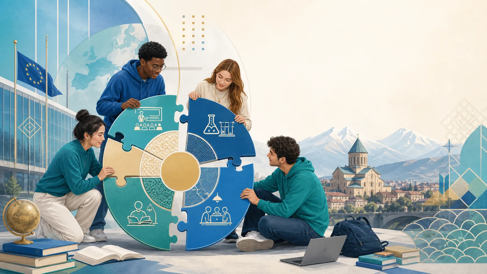 Editorial illustration of international students assembling course modules into an ECTS study plan