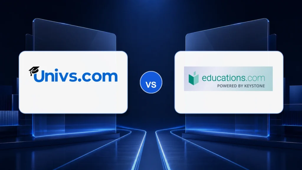 Univs.com logo versus the Educations.com logo on a dark blue comparison background