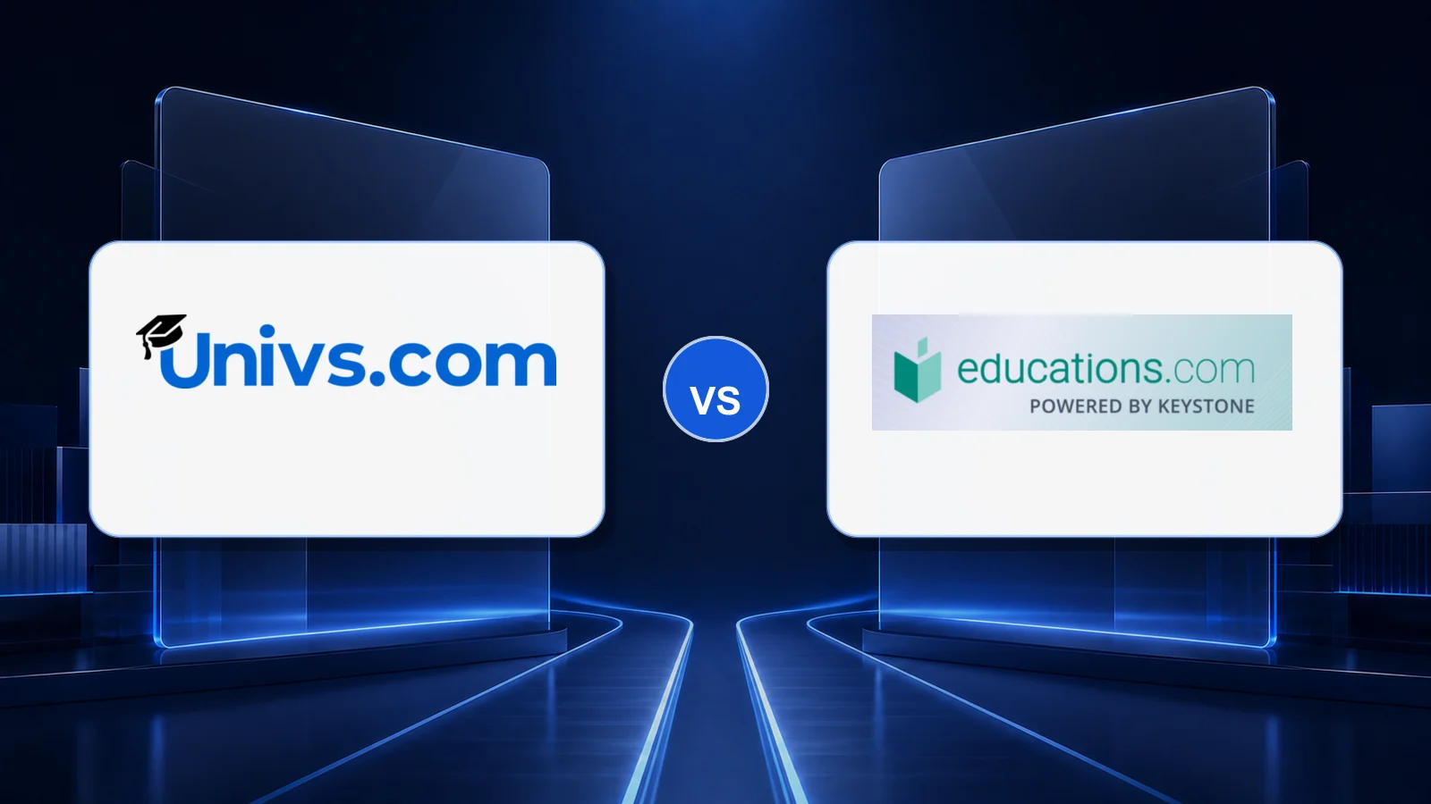 Univs.com logo versus the Educations.com logo on a dark blue comparison background