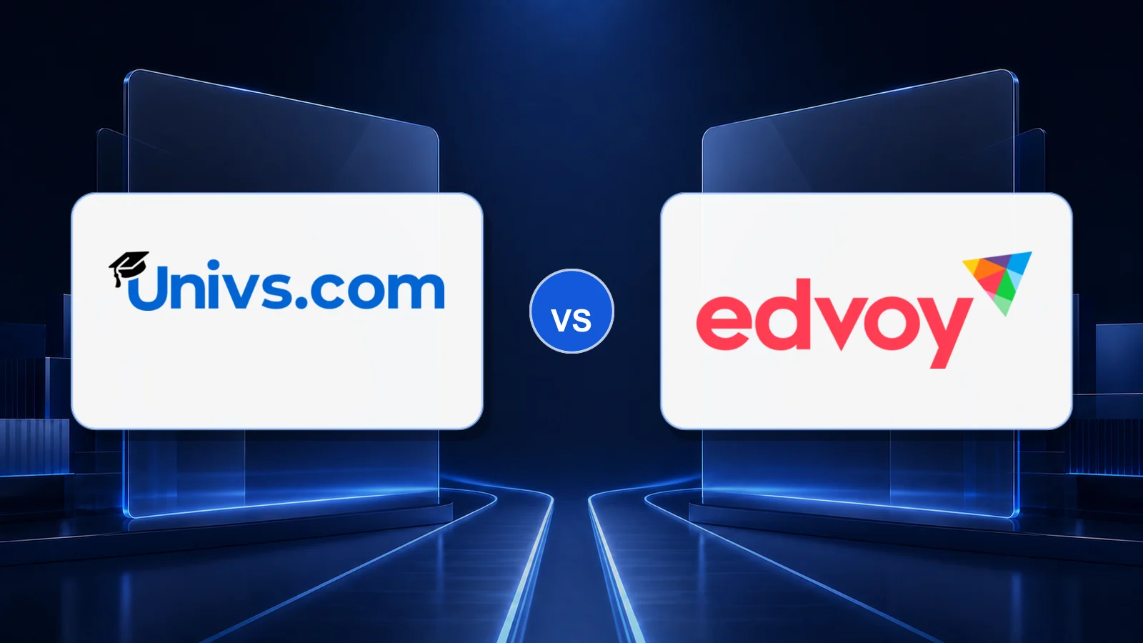 Univs.com logo versus the Edvoy logo on a dark blue comparison background