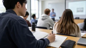 Realistic editorial photograph of an international student taking concise lecture notes while listening in a classroom