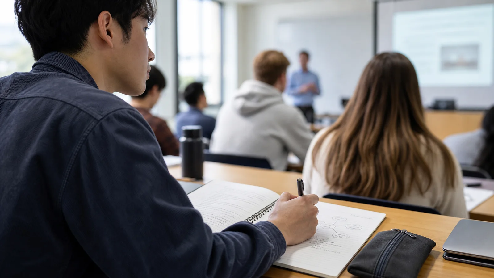 Realistic editorial photograph of an international student taking concise lecture notes while listening in a classroom