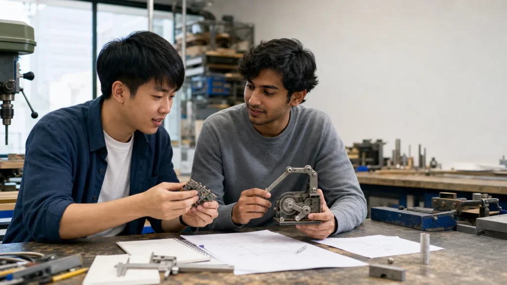 Realistic editorial photograph of engineering students comparing electrical and mechanical prototypes