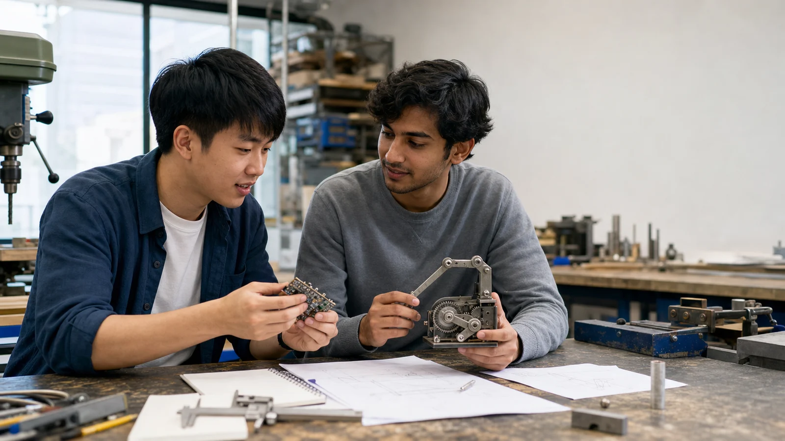 Realistic editorial photograph of engineering students comparing electrical and mechanical prototypes
