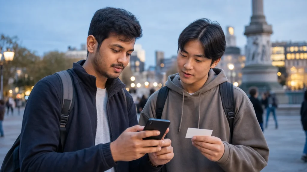Realistic editorial image of an international student calmly using a phone safety checklist with a trusted friend in a public city setting