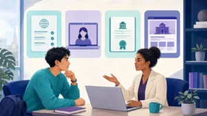 Editorial illustration of an international student comparing several forms of English-language evidence with an admissions adviser