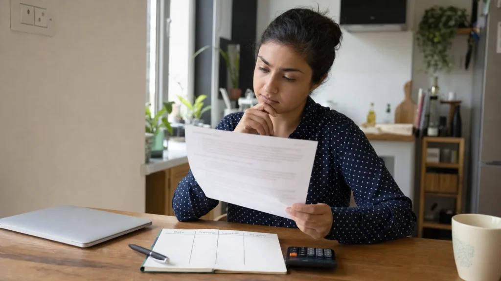 Realistic editorial photograph of an international graduate calmly reviewing a first job offer and comparing practical factors