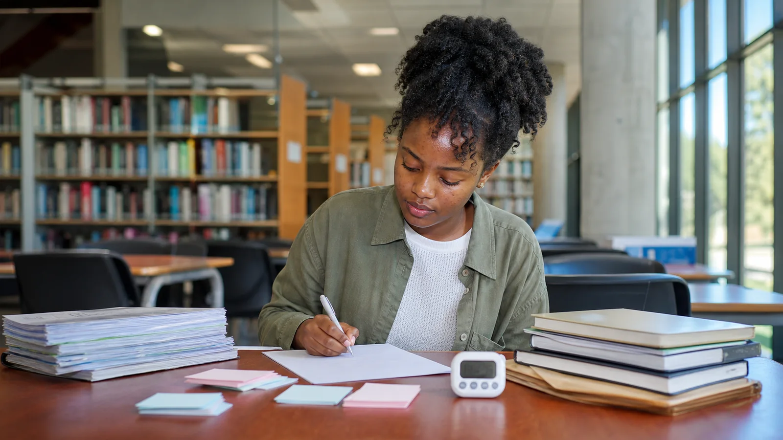 Realistic editorial image of an international student using active recall and practice questions during university exam preparation