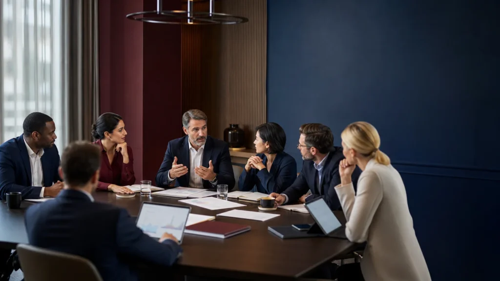 Editorial illustration of experienced international professionals discussing strategy in an Executive MBA classroom