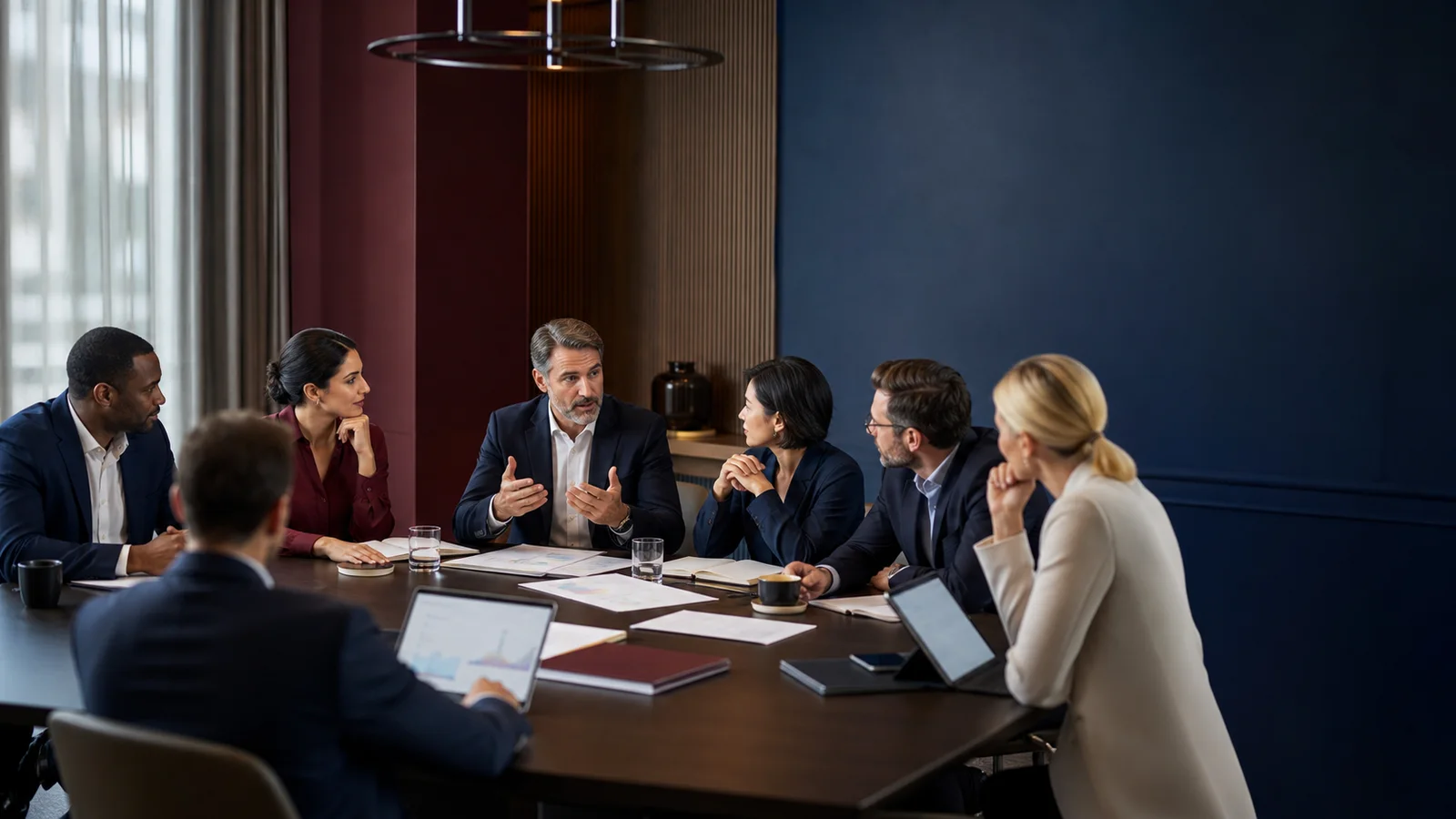 Editorial illustration of experienced international professionals discussing strategy in an Executive MBA classroom