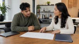 Realistic editorial image of an international student and adviser reviewing an honest study-gap timeline and application plan