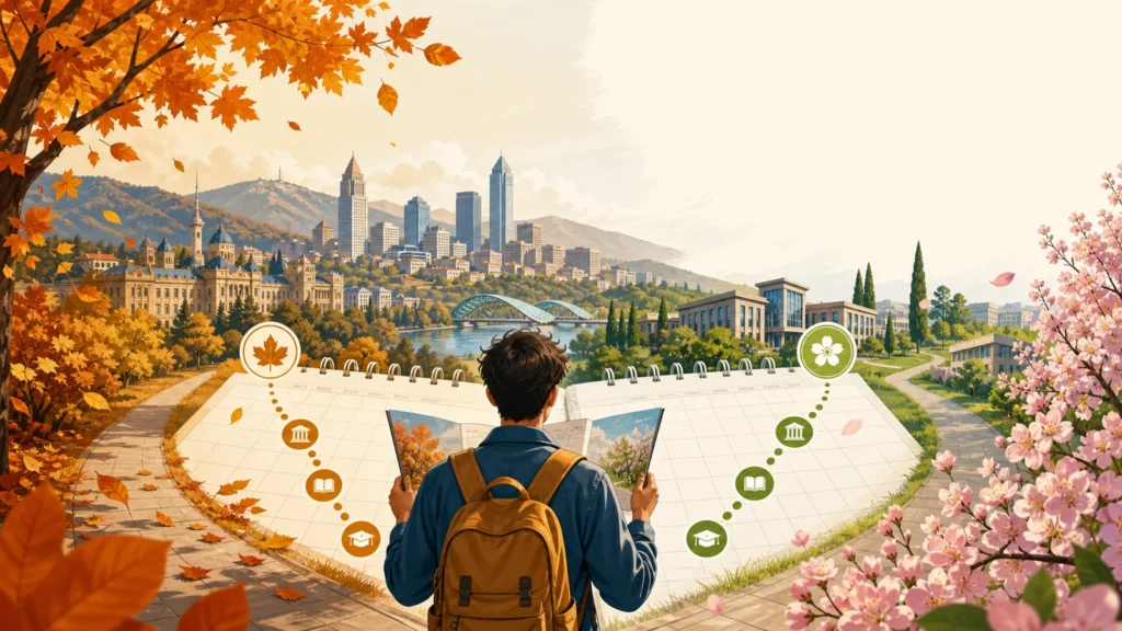 Editorial illustration of an international student comparing fall and spring study timelines in Georgia