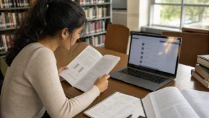 Realistic editorial photograph of an international student searching academic databases and comparing journal sources in a library