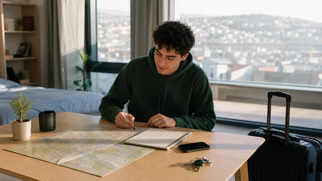 Realistic editorial image of an international student planning the first week in Georgia with a city map, campus schedule and phone