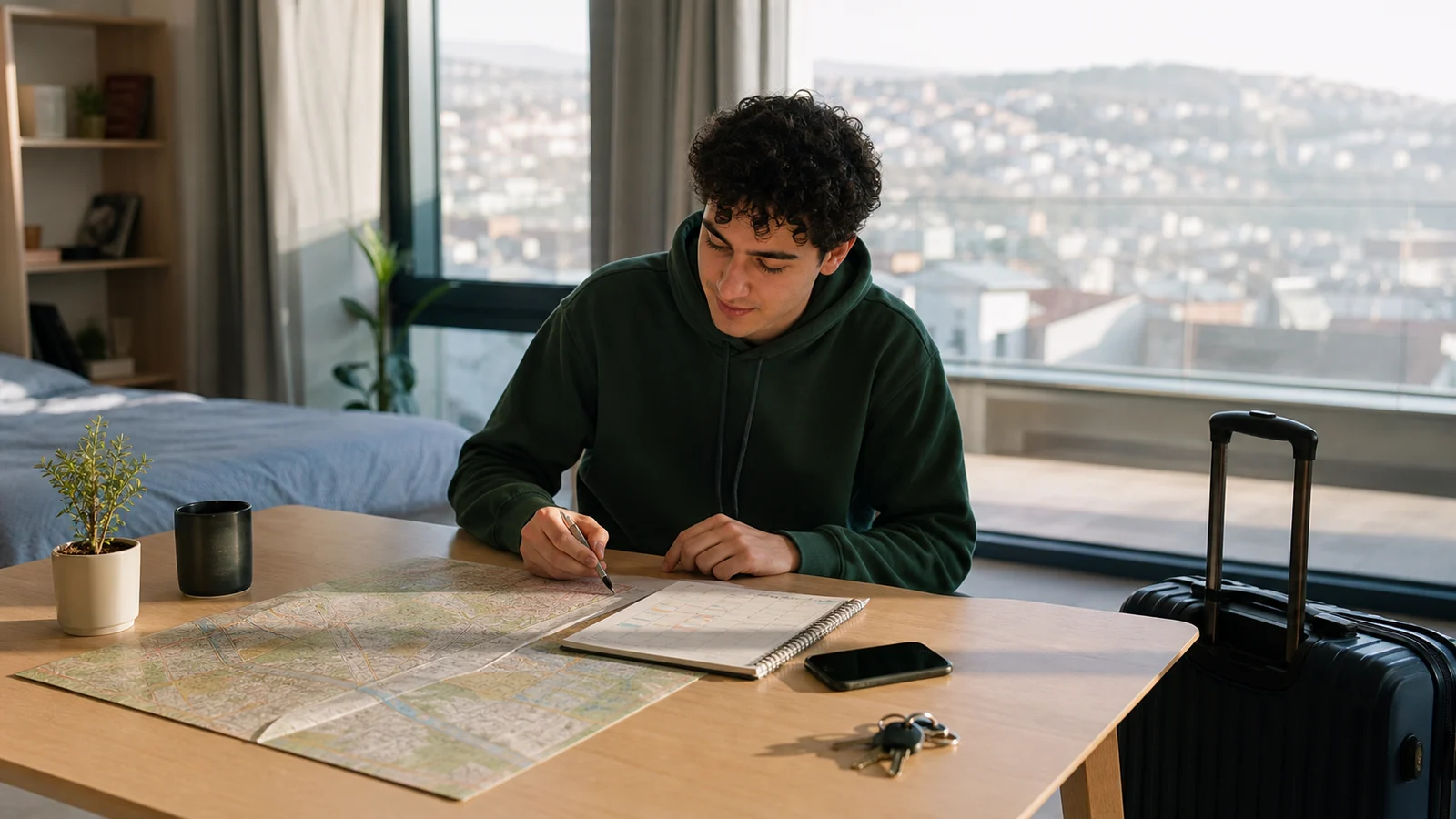 Realistic editorial image of an international student planning the first week in Georgia with a city map, campus schedule and phone