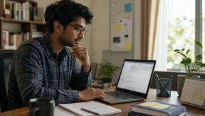 Realistic editorial photograph of an international graduate drafting a concise email after a job interview