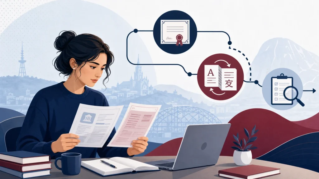 Editorial illustration of an international student organising education documents for recognition in Georgia