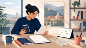 Editorial illustration of an international student organising documents and timing for a Georgian D3 study visa application
