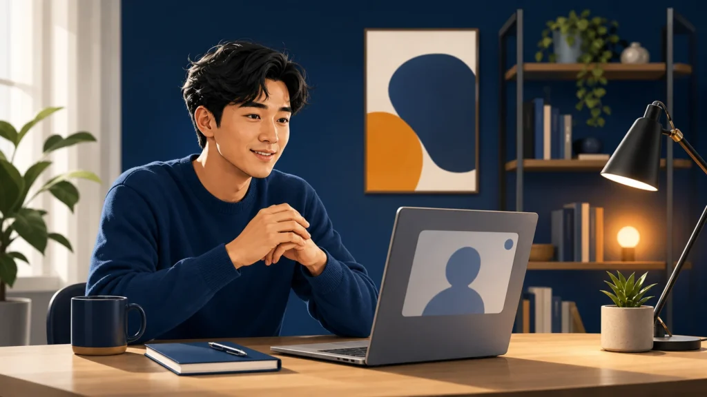 Editorial illustration of an international student preparing for an online university admission interview