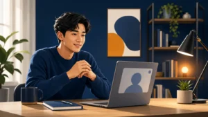 Editorial illustration of an international student preparing for an online university admission interview
