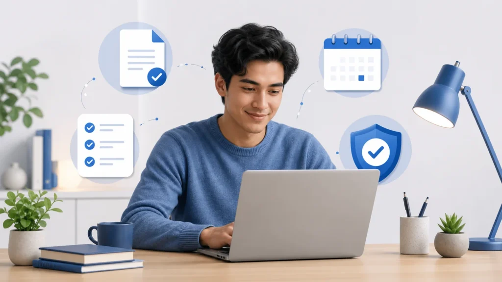 Editorial illustration of an international student reviewing a university admission offer letter and safety checklist