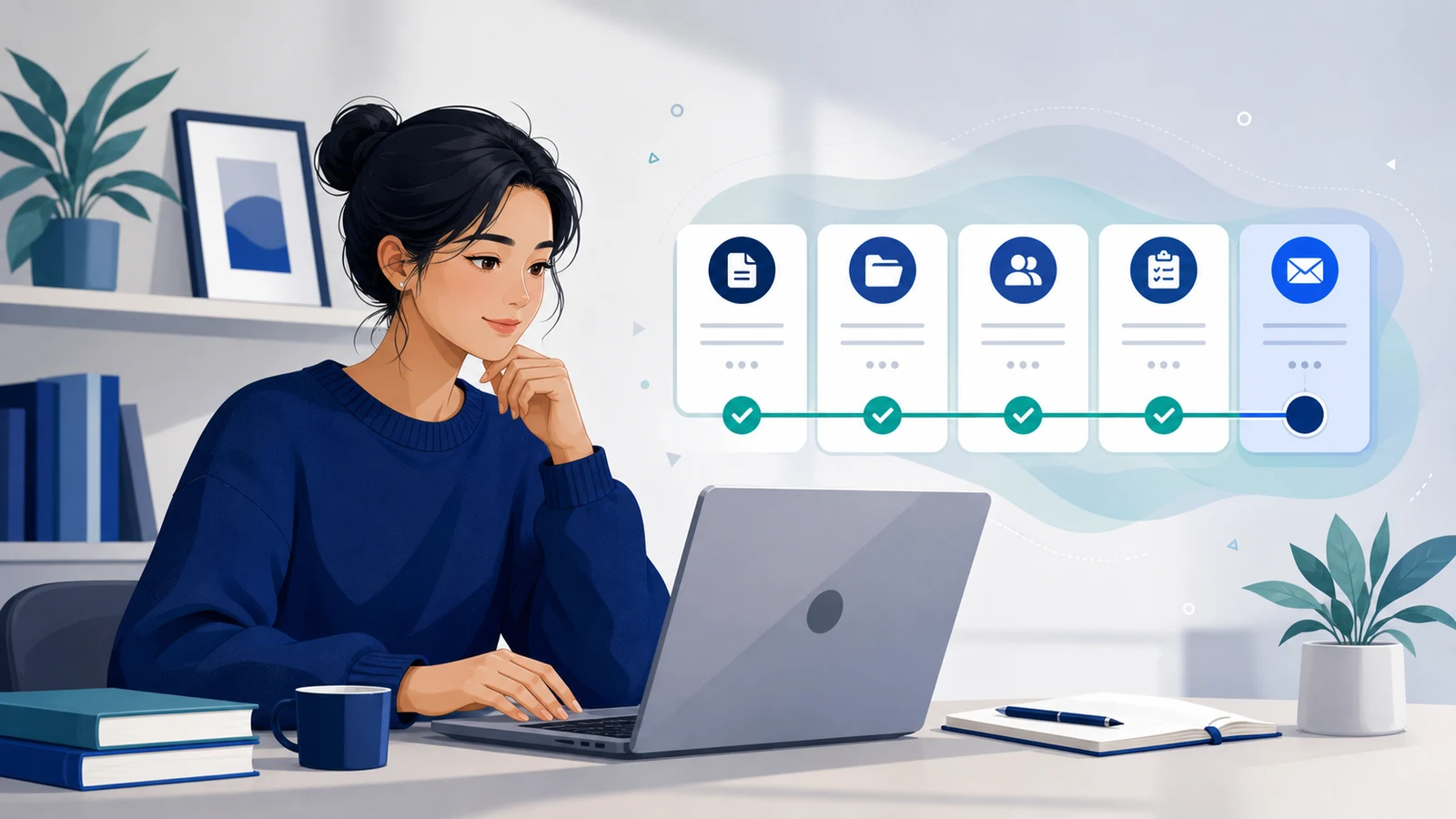 Editorial illustration of an international student reviewing university application status steps for Georgia